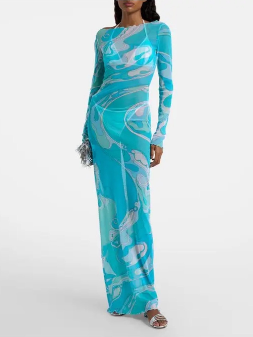 Emilio Pucci Turquoise and Aqua Swirl Long-Sleeve Prom Dress